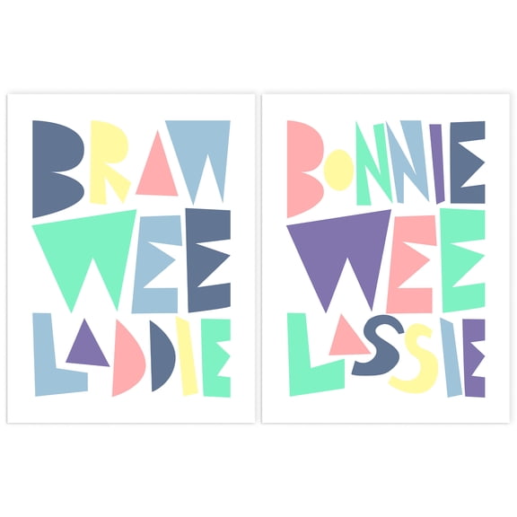 Pack of 2 Scottish Baby Kids Childs Nursery Bonnie Wee Lassie Laddie Boy Girl Pastel Colour Typography Unframed Wall Art Living Room Prints Set
