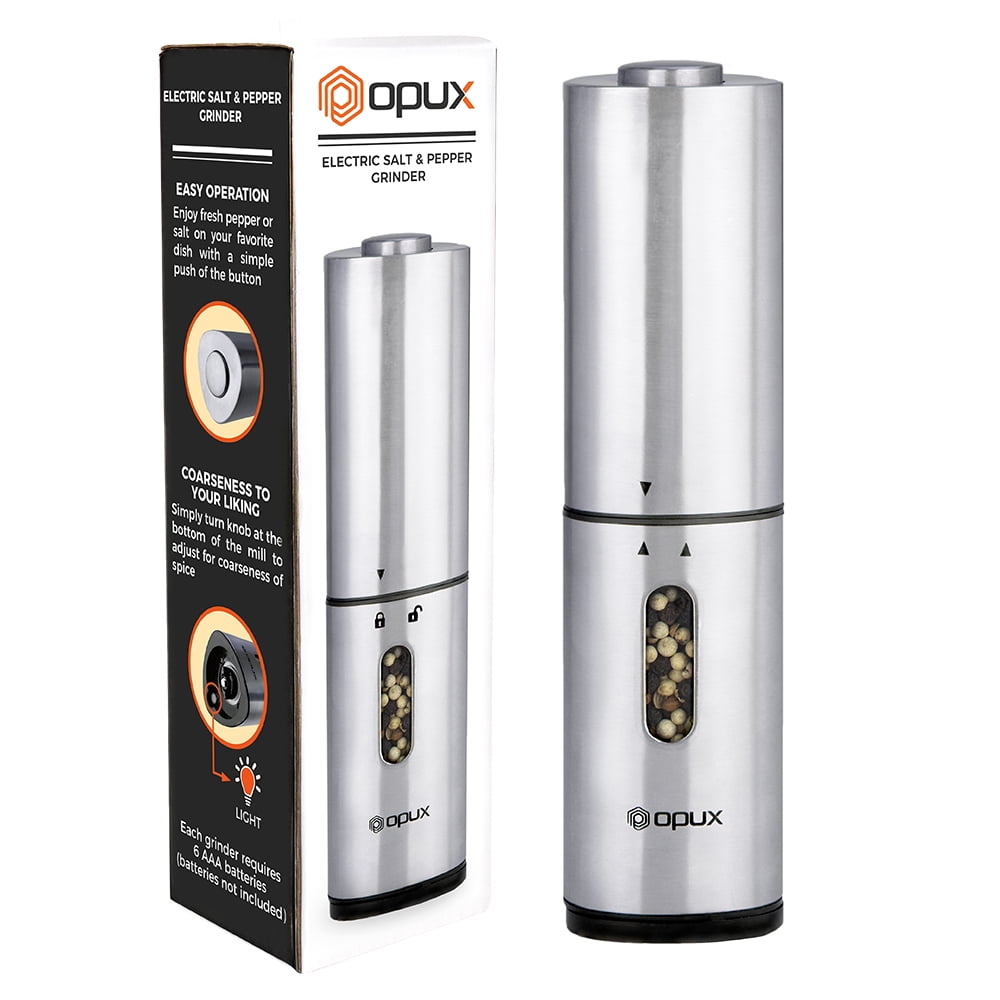 OPUX BatteryOperated Salt and Pepper Grinder Set with LED Light Electric Stainless Steel Salt