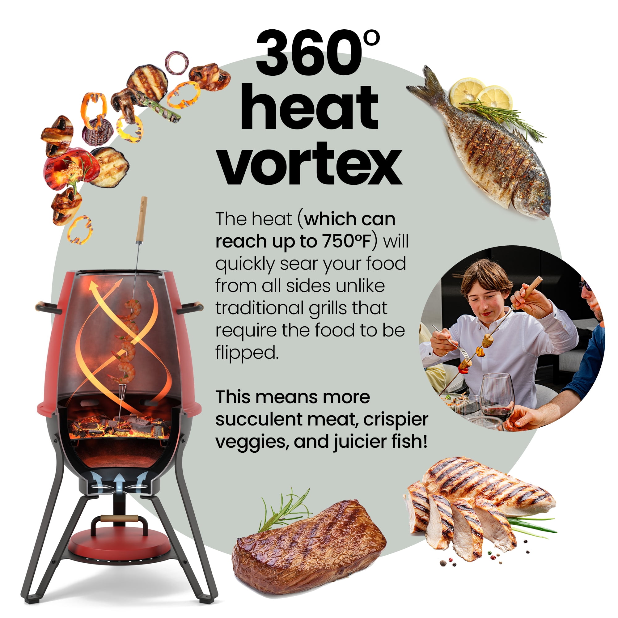 Kandu Outdoor Charcoal Oven Grill, Jungle Green – Cooks from All Directions, Space Saving, Includes 8 Skewers, Up to 750 Degrees – Quick Vertical Cooking Locks in Flavor, Nutrients & Moisture