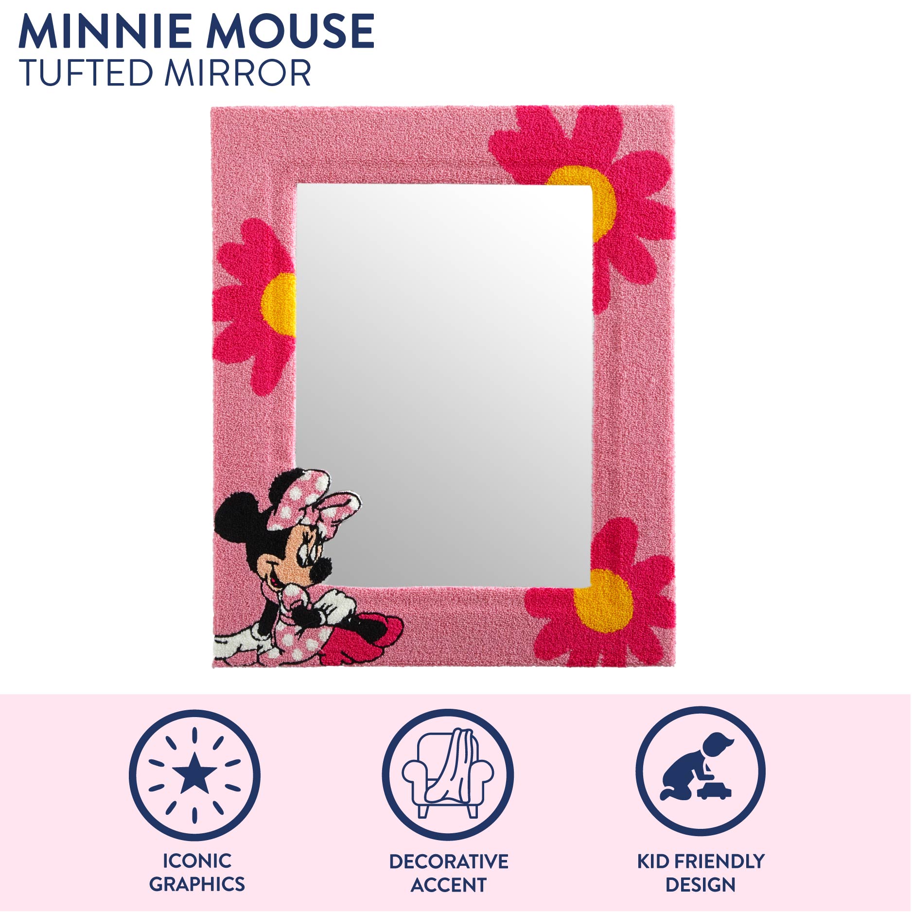 Disney Wall Mirror, Minnie Mouse Tufted Design, 18" x 22", for Kids and Teens