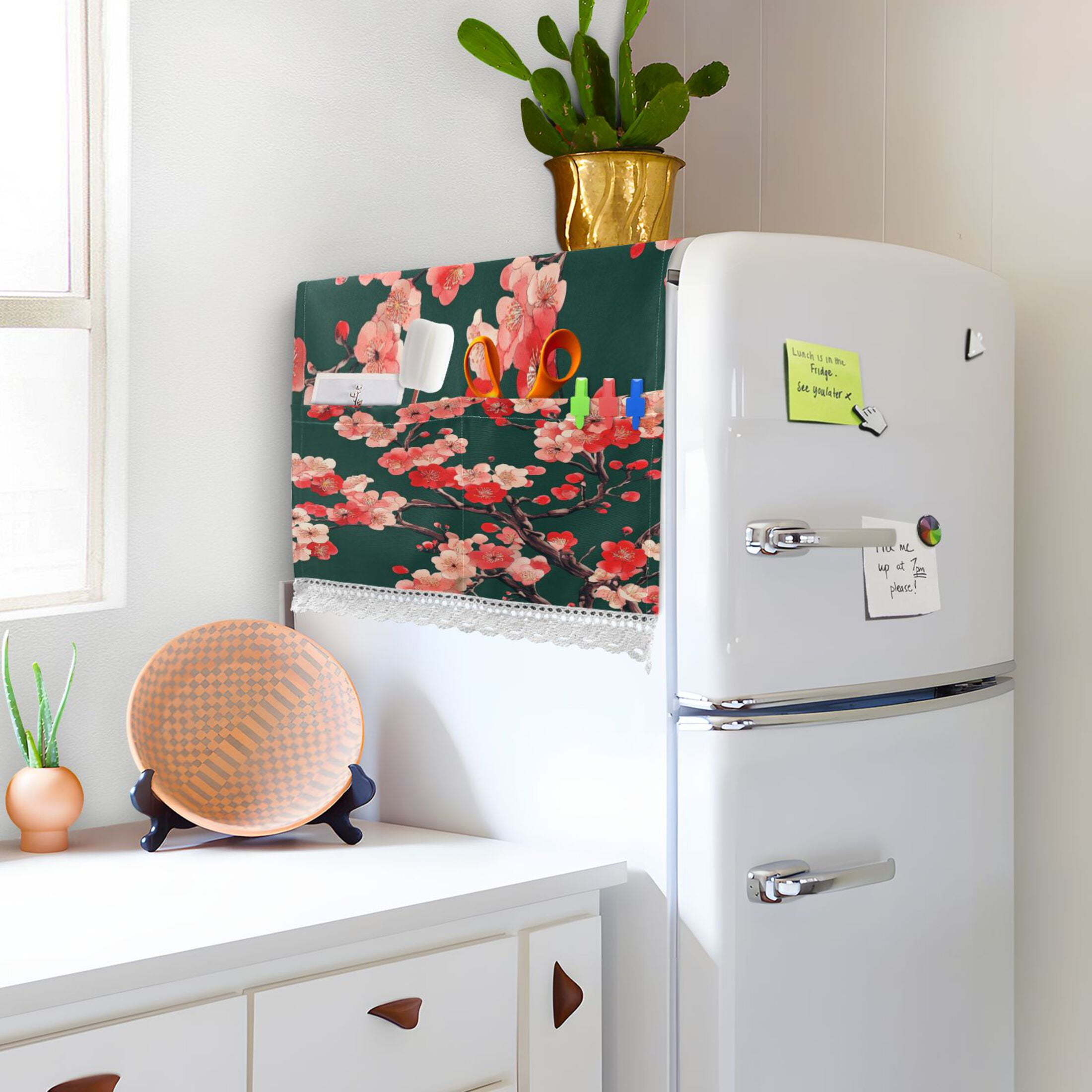 Plum BlossomWasher and Dryer Covers Dust-Proof and Oil Resistant Fridge Cover with 4 Storage Pockets Washing Machine Top Cover for Laundry Kitchen Home 51.2 x 22 In