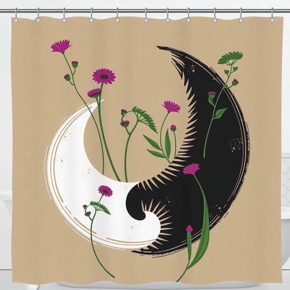 Tan Shower Curtain with Pink and Green Flowers - Minimalist Design for Tranquil Bathrooms