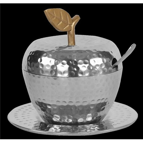 Apple Shape Stainless Steel Hammered Gold Leaf Honey Dish with Tray & Spoon