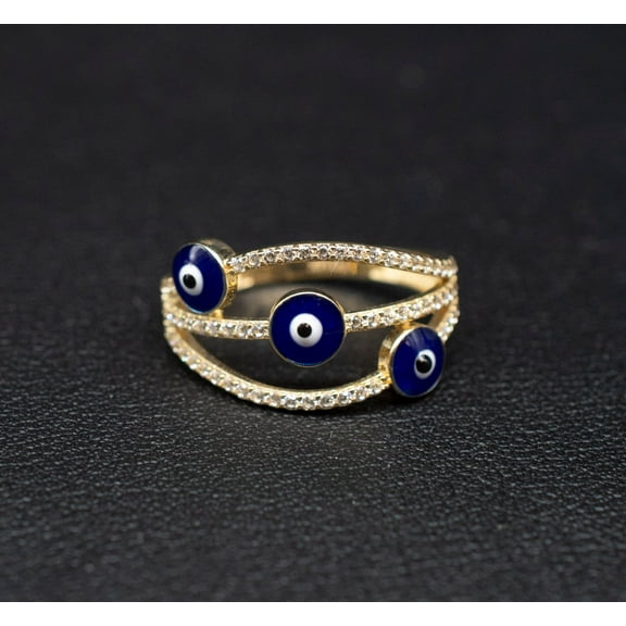 14k Real Solid Yellow Gold Triple Evil Eye Ring, 14k Solid Gold Women Dainty Ring, Evil Eye Gold Ring for Women,14k Evil Eye Gold Ring (Ring size:6 1/2;)
