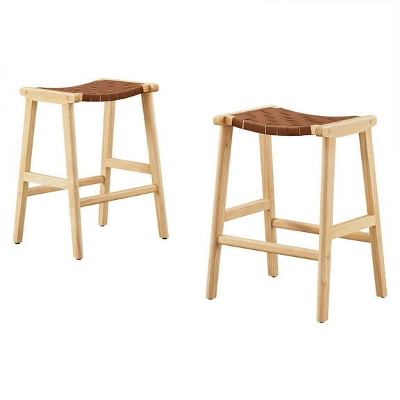 Counter Stool Chair, Set of 2, Brown Natural, Faux Vinyl Leather, Wood, Bar Pub Cafe Bistro Dining Kitchen Hospitality Restaurant, Modern Contemporary HB36068