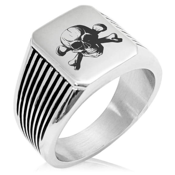 Stainless Steel Iconic Pirate Crossbones Skull Needle Stripe Pattern Biker Style Polished Ring