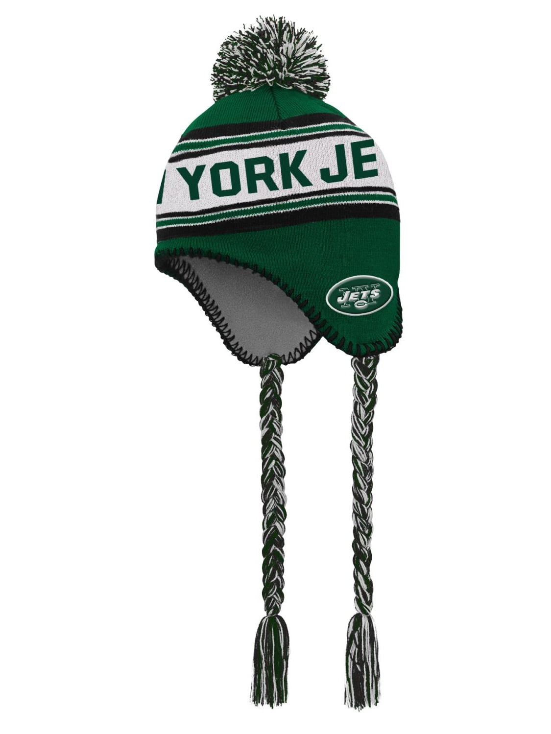 New York Jets Youth NFL "Striped Jacquard" Tassel Knit Hat w Pom by Outerstuff