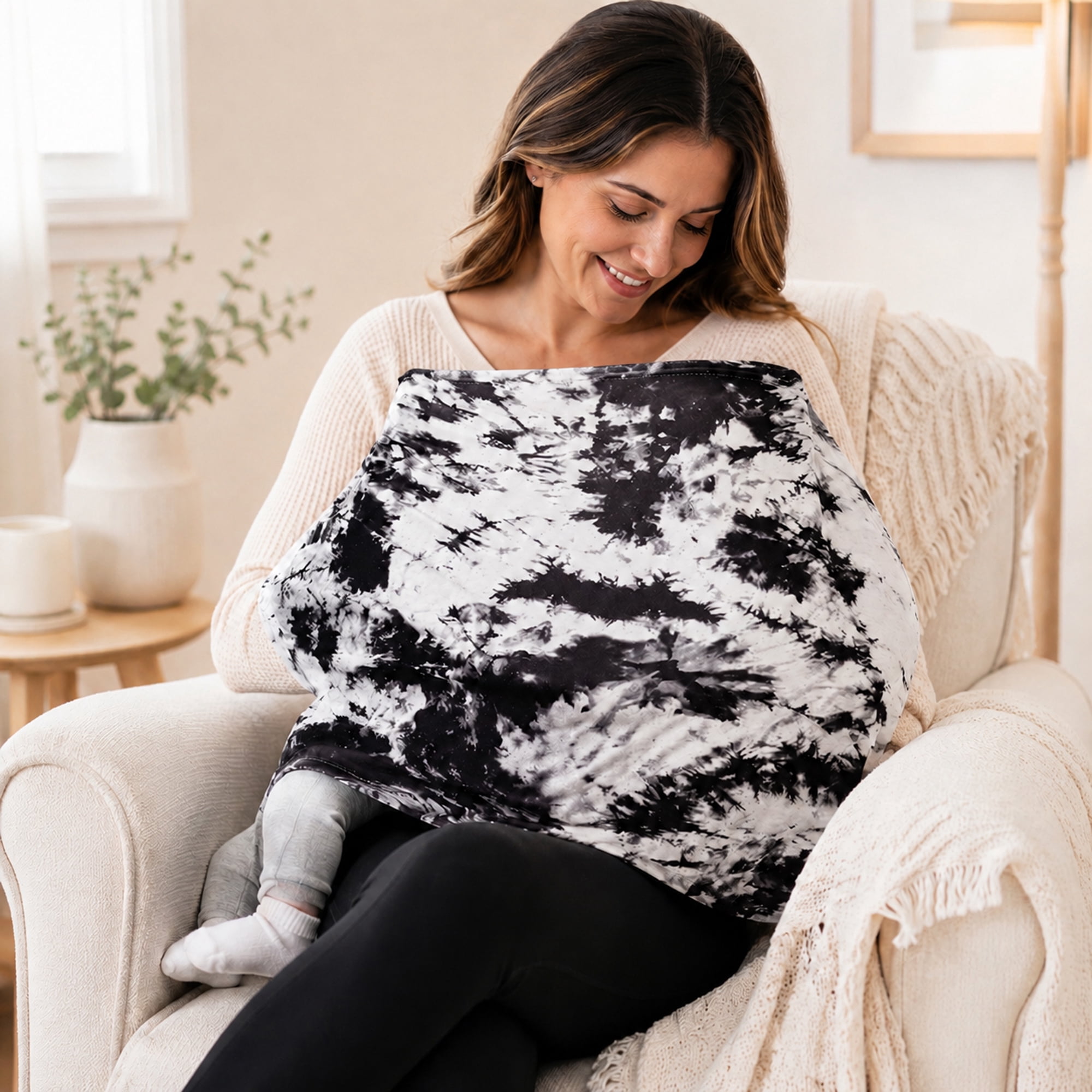Baby Car Seat Cover & Nursing Cover, Stretchy 5-in-1 Breastfeeding Canopy with Carry Pouch, Black Tie-Dye