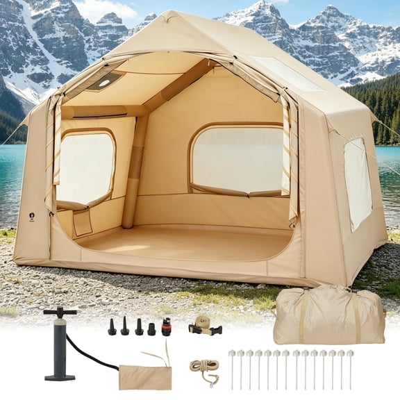 Inflatable Camping Tent for 3-5 Person, Quick Setup Blow Up Tent with Hand Pump, 210D Oxford with Skylight & Stove Jack