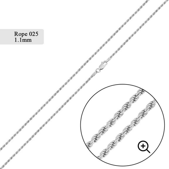 Sterling Silver 925 High Polished DC Rope 025 Chain 1.1mm Made in Italy 24" Jewelry Female Unisex