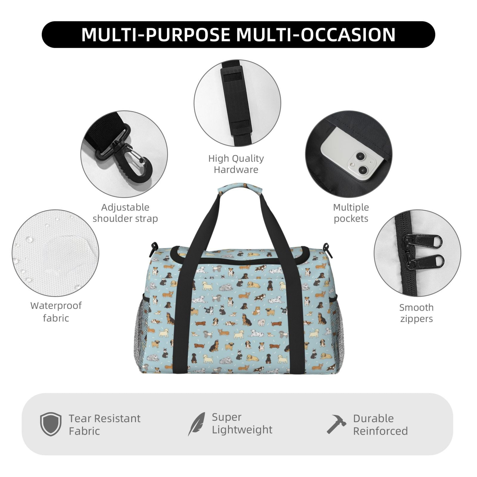 Fuzoiu Cartoon Doodle Puppy Print Travel Duffle Bag,Carry On Tote Bags,Duffel Bag,Sport Gym Bag, Hospital Bag for Labor and Delivery, Overnight Bag,Luggage Bag