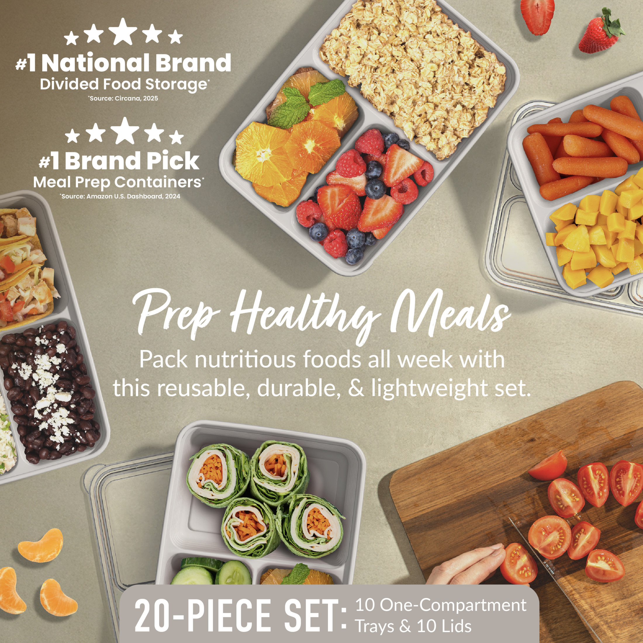 Bentgo Prep - 20-Piece 3-Compartment Reusable Meal Prep Containers with Lids, PFAS & BPA Free Materials, Durable, Microwave, Freezer, & Dishwasher Safe To Go Food Storage (Stone Gray)