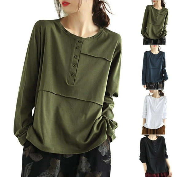 Bixock Women Fall and Winter Blouse,Women Casual Tops,Bixock Women Fall and Winter Blouse Women Casual Tops Solid Color Round Neck Button Long Sleeve Basic Tee