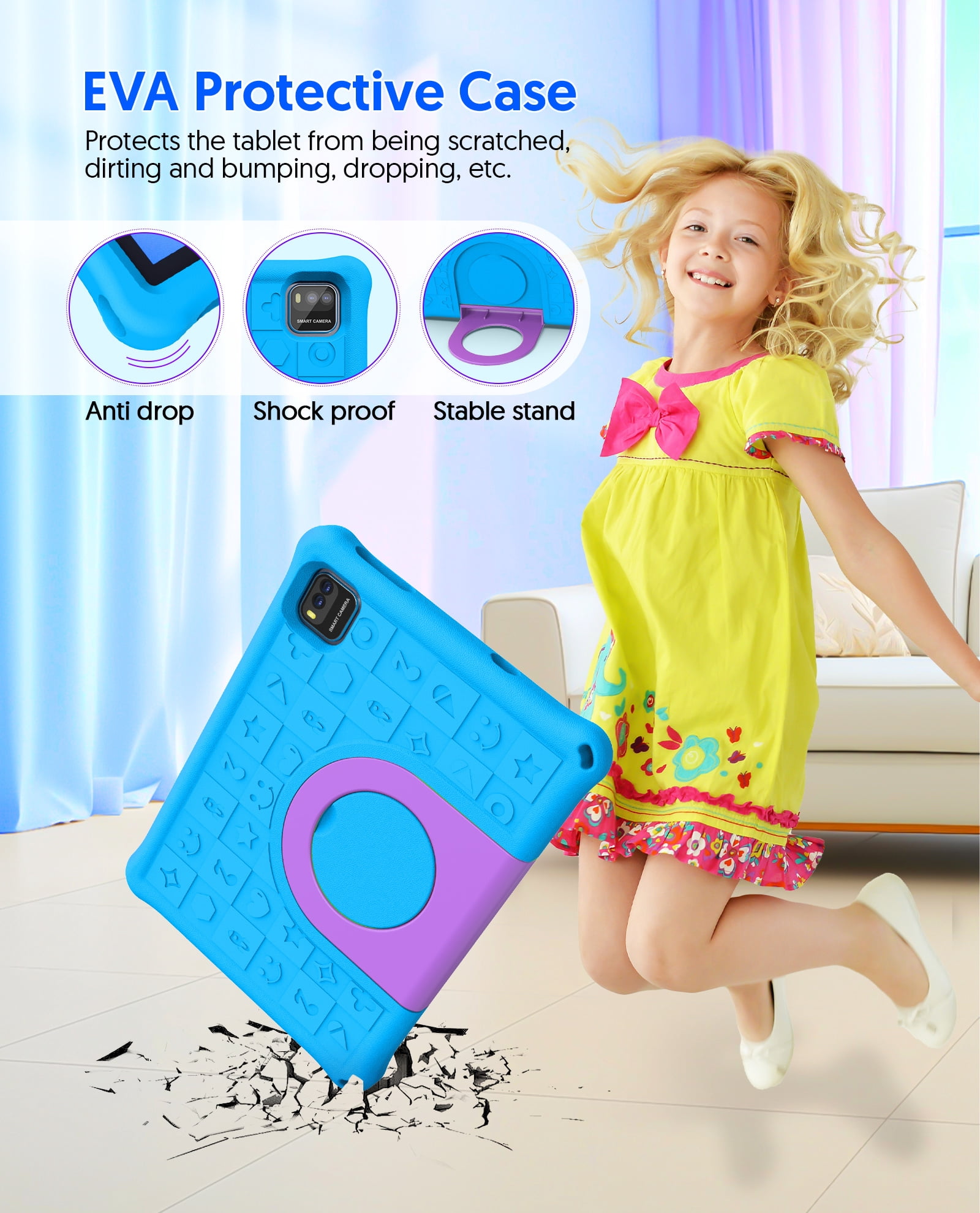 FITIFUN 10.1 inch Kids Tablet Android 15, 3GB RAM 64GB ROM 1TB Expand, Quad-Core, 5G/2.4G WiFi, 6000mAh, HD Display, Parental Control, Blue