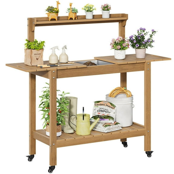 Onbrill Outdoor Potting Bench with Sliding Tabletop, Wood Outside Garden Work Table, No Rust/Fade/Break