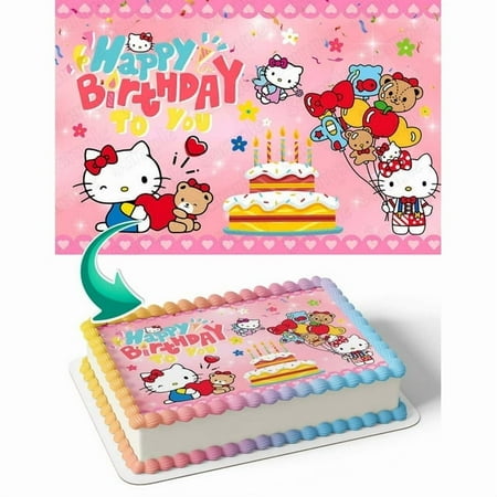 Hello Kitty Happy Birthday To You Edible Image Cake Topper For Quarter Sheet Cake By TNCT