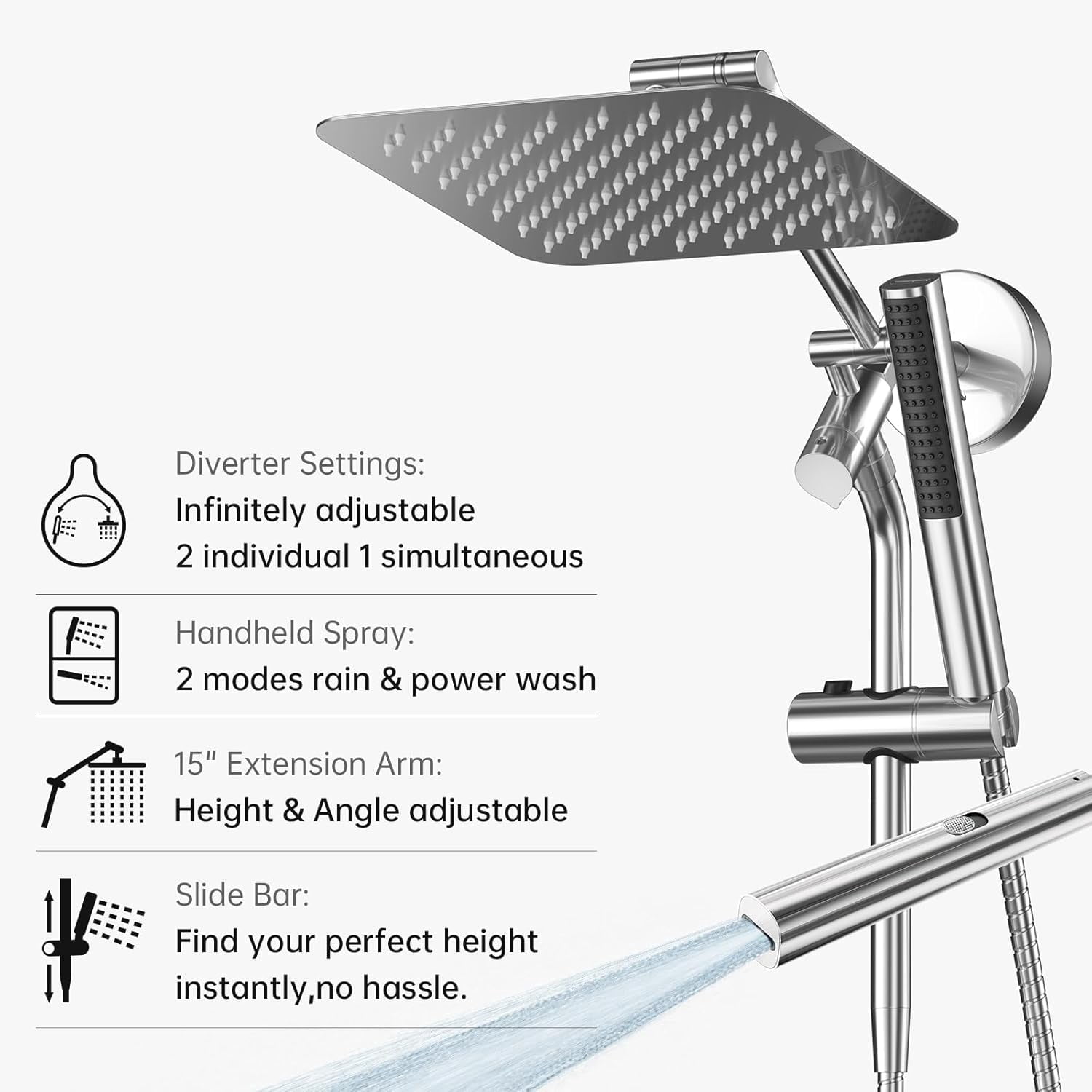 10" Luxurious Rain Shower Head with Handheld, High Pressure Rainf Shower Heads wih Extension Arm, Wide Dual Showerhead with Spray Combo, Bathroom Accessories, Chrome, Silver