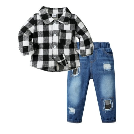 

Kucnuzki 4-5T Toddler Baby Boys Pant Sets Fall Toddler Boys Clothing Lapel Button Long Sleeves Plaid Shirt Top Ripped Denim Pants 2PCS Outfits Autumn Black