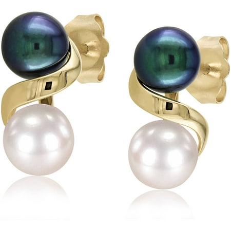 5.5-6mm Black and White Button Cultured Freshwater Pearl 10kt Yellow Gold Fashion Earrings