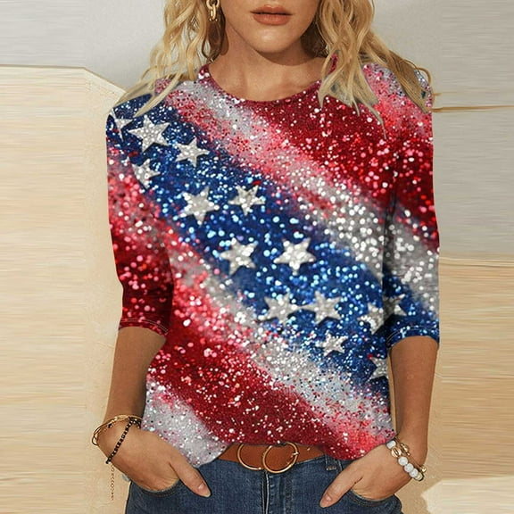 Sijiajgjfu American Flag Sequin Shirts for Women Plus Size 3/4 Sleeve Star Stripes Independence Day Tunic Top Blouses 2025 Multicolor XXXXL