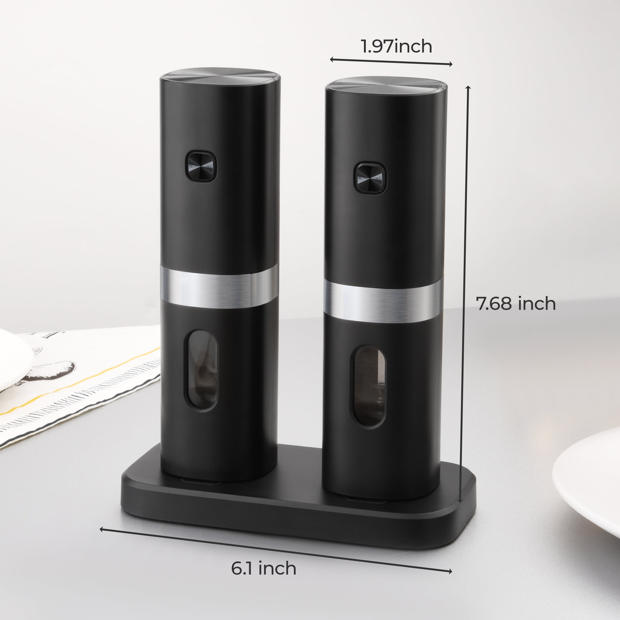 FVLOENG Electric Pepper and Salt Grinder Set, Rechargeable Battery Operated Automatic Salt Mill ,Adjustable Coarseness, Powered Spice Grinder, with Rechargeable Base, One Hand Operation , Black 2 Pcs