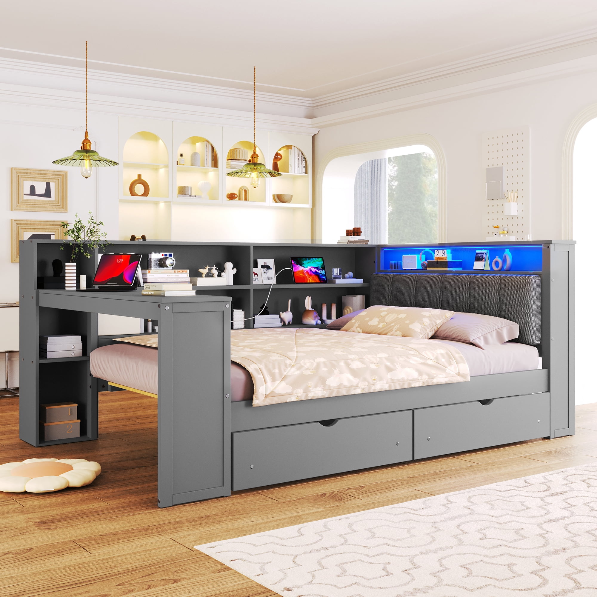 Euroco Wood Full Size Daybed with Desk and Shelves, Captain Bed with Upholstered Headboard, LED Light and USB Charging, Gray