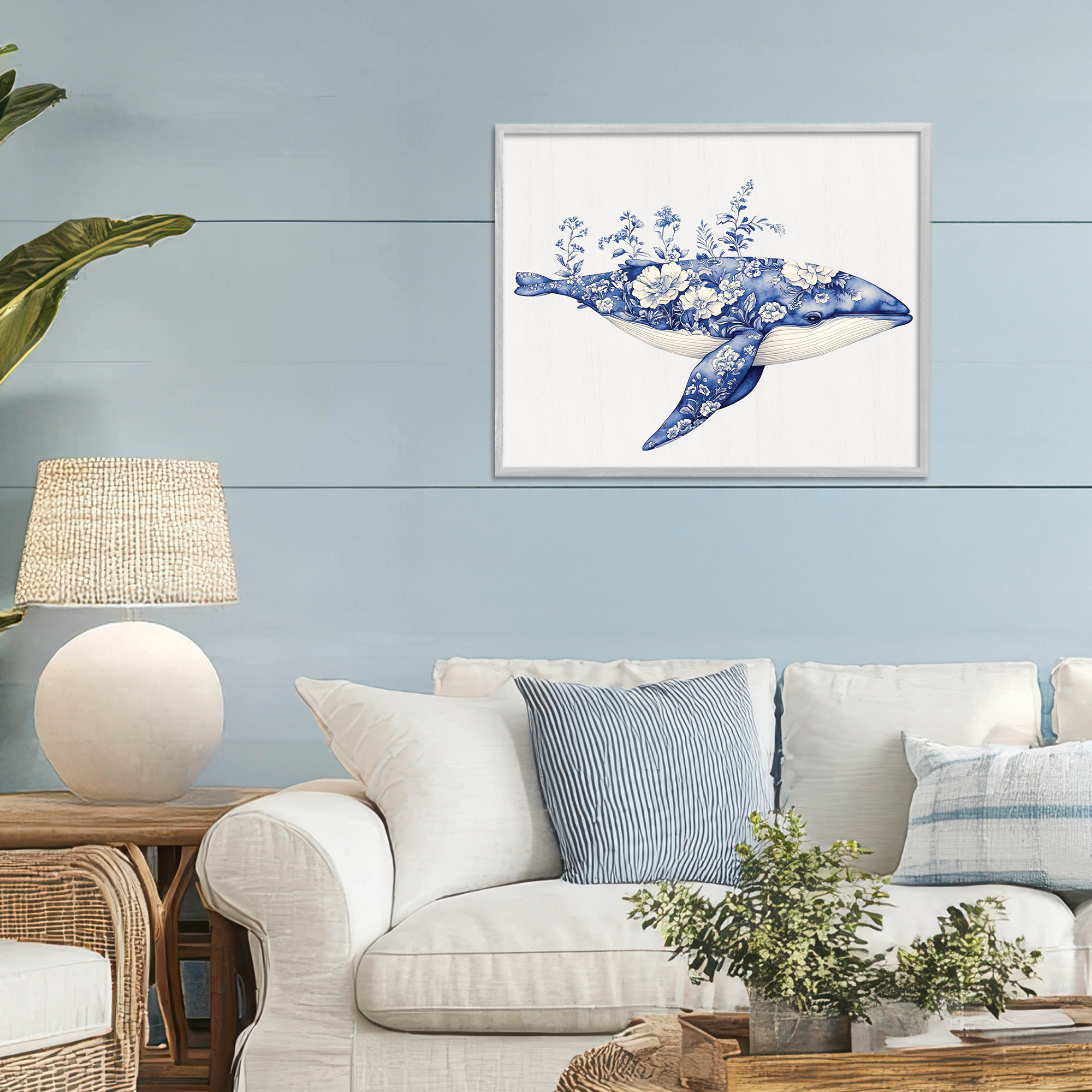 Blooming Toile Whale Gray Framed Giclee Art, design by Lettered and Lined