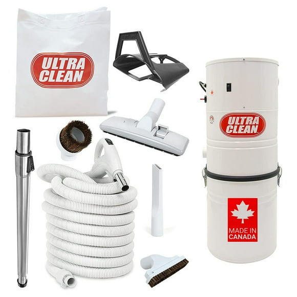 Ultra Clean SC100 Heavy Duty Powerful Central Vacuum System – Made in Canada – with Deluxe Hose and Accessories Combo Kit Ideal for Hardwood, Bare Floor and Rug (30 ft, White)