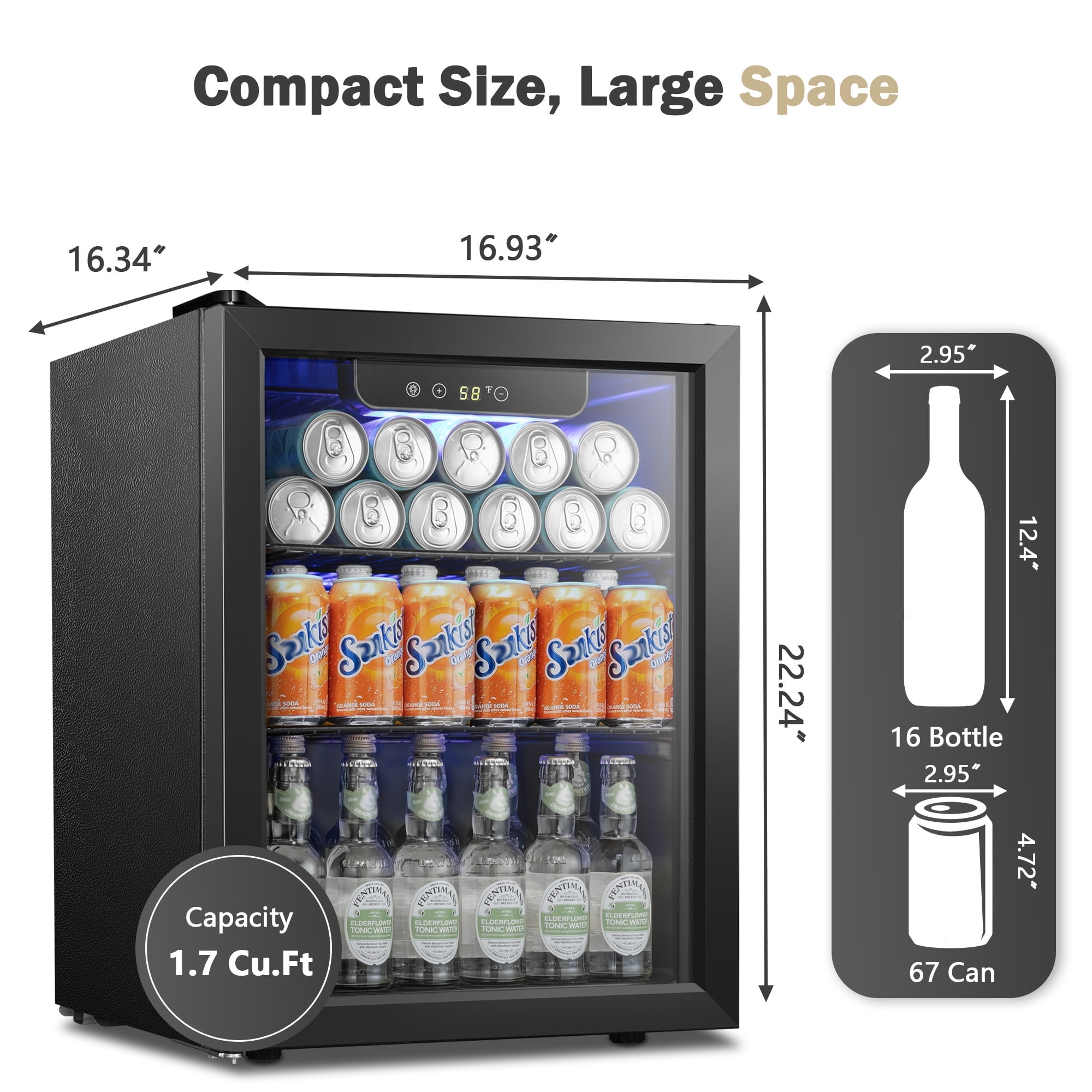 Electactic 1.7 Cu. ft. Beverage Refrigerator Cooler, 16 Bottle & 68 Cans Mini Wine Cooler with Glass & Exchangeable Door, Home/Bar/Office-Electactic