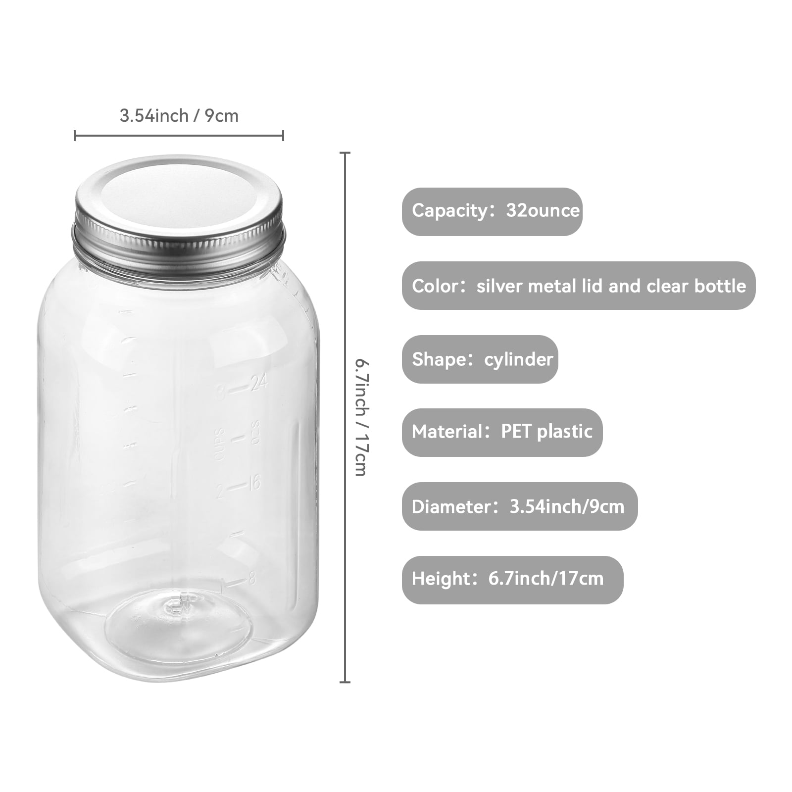 Novelinks 32oz Plastic Jars with Lids 12 Pack Clear Containers Airtight Food Storage Containers for Kitchen & Household,Silver