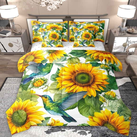 Homewish Hummingbird Animal Twin Bedding Sets 7-Piece for Teens Boys Girls,Floral Sunflower Flower Bedding Comforter Set Microfiber,Green Yellow Breathable Sheet Sets,Lightweight Room Decor