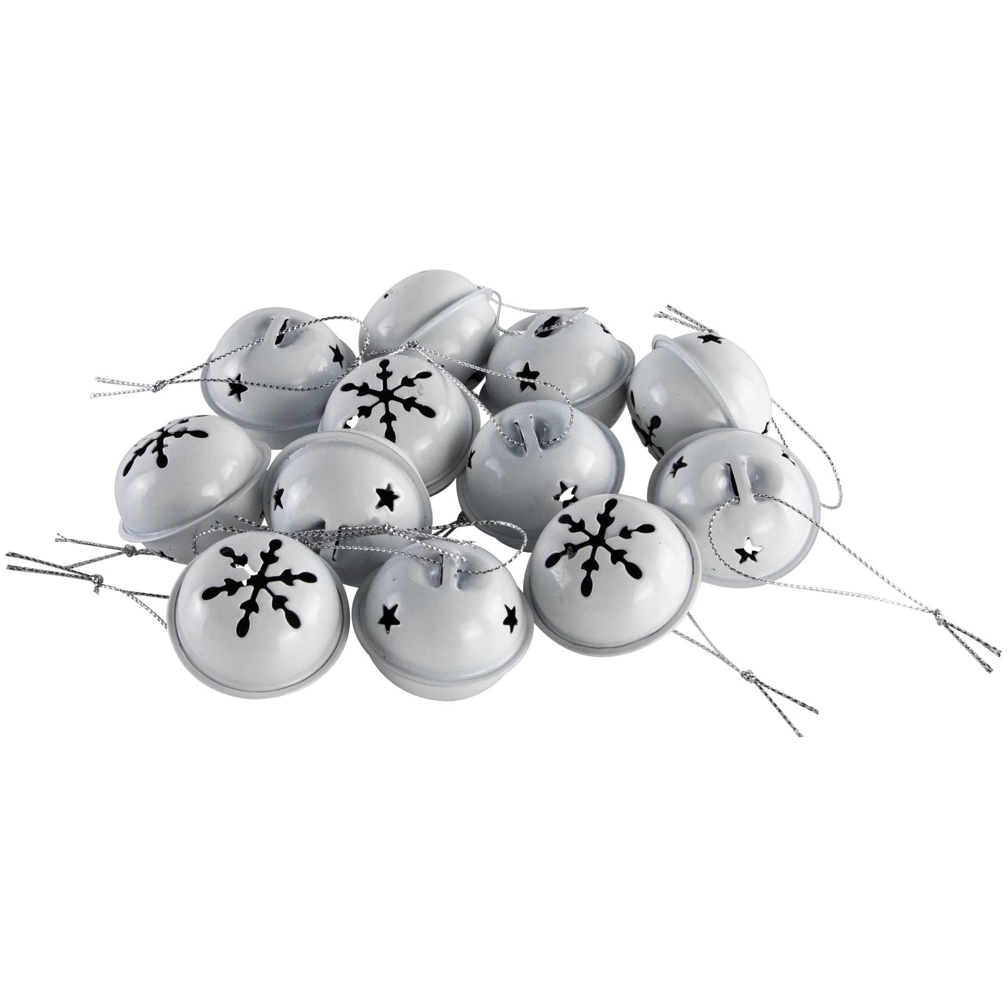 Stars and Snowflakes Christmas Jingle Bell Ornaments - 1.5" - White - 12ct