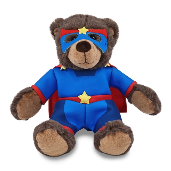 DolliBu Brown Bear Plush Stuffed Animal with Superhero Costume - Cute Wildlife Toy with Red Cape Blue Suit, Eye Mask - Super Hero Adventure Plush for Kids - 9 Inch