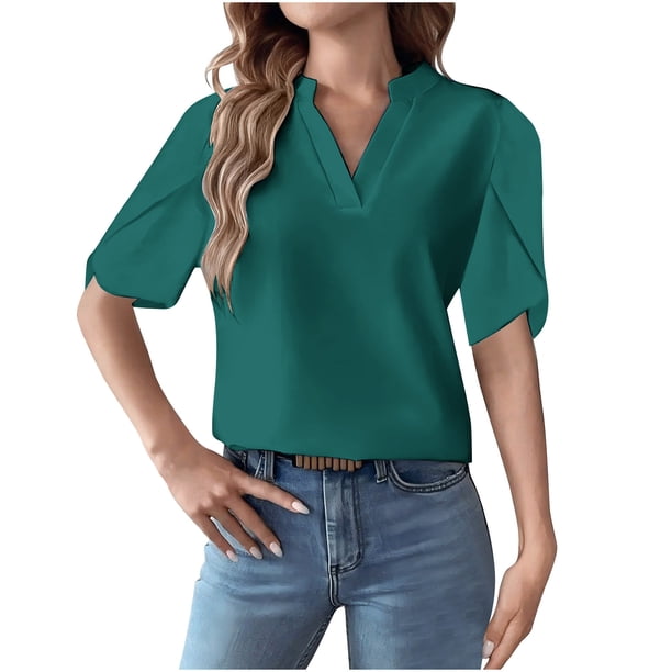 Mujeres Manga Corta de Verano Tops Suelto Color Sólido Cuello en V Casual Top, Blusa de Poliéster para las Mujeres, Lavado de Manos Primavera Y Moda de Verano