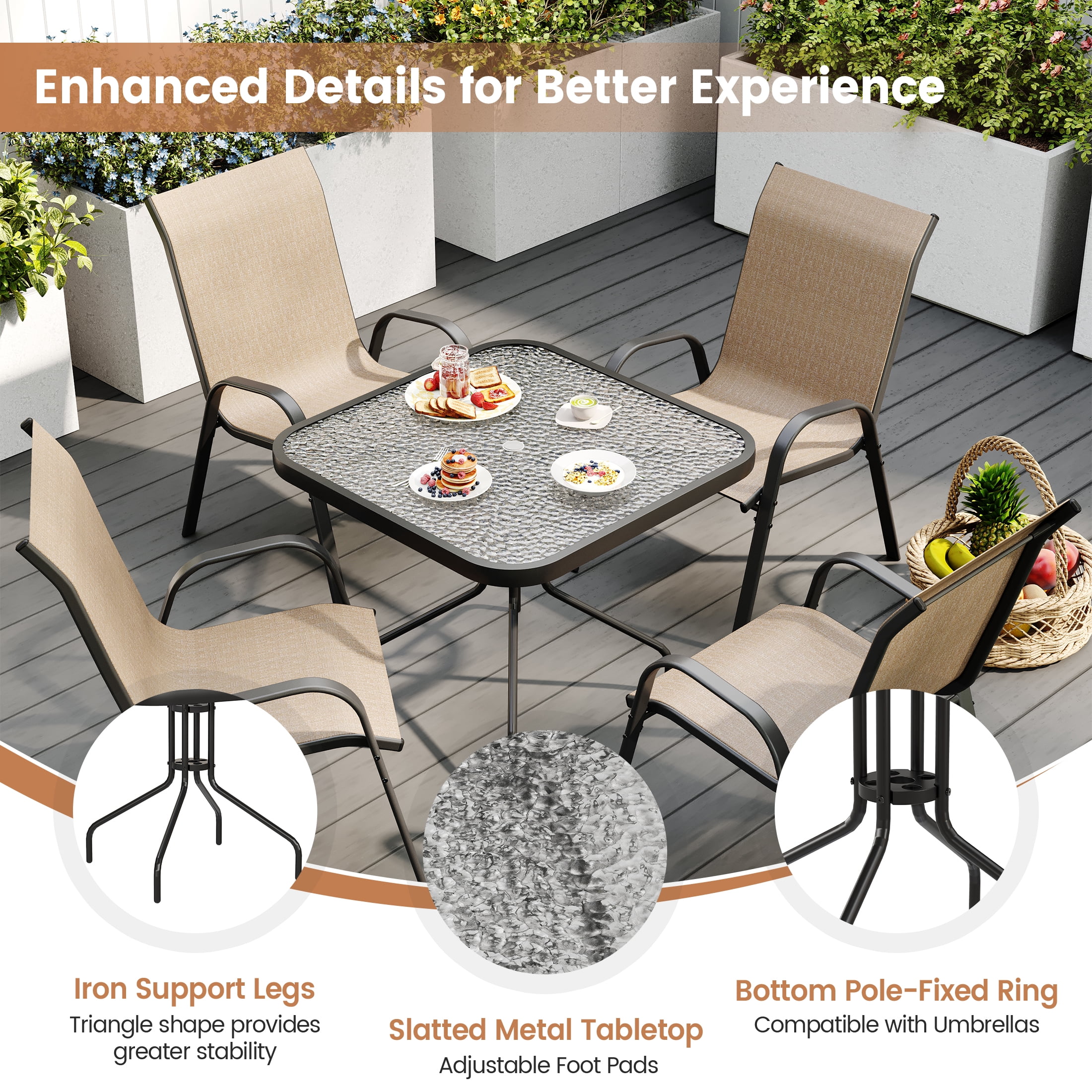 ELPOSUN Outdoor Dining Set of 5, Patio Table and Chairs Set, Textured Glass Tabletop, 4 Stackable Patio Chairs, Patio Furniture, Balcony, Porch, Lawn- Brown