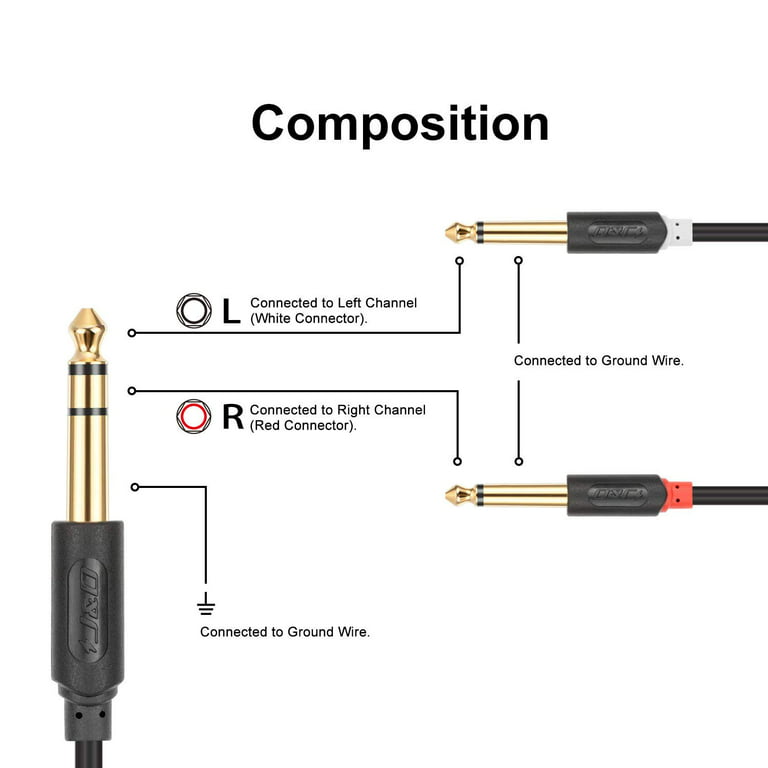 J&D 6.35mm TRS Male to Dual 6.35mm TS Male Gold Plated Component Video  Audio Cable, 3ft 