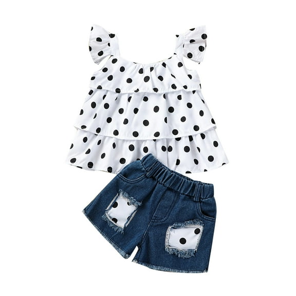 Mercatoo Toddler Baby Girls Summer Set Kids Polka Dot Cotton Sleeveless Vest Outfits Denim Shorts Baby Clothes 1 to 6 Years