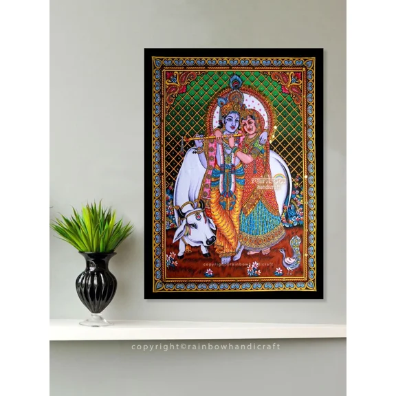 Hindu Lord Krishna Radha Sequin Wall Hanging Sacred Decor God tapestry poster art