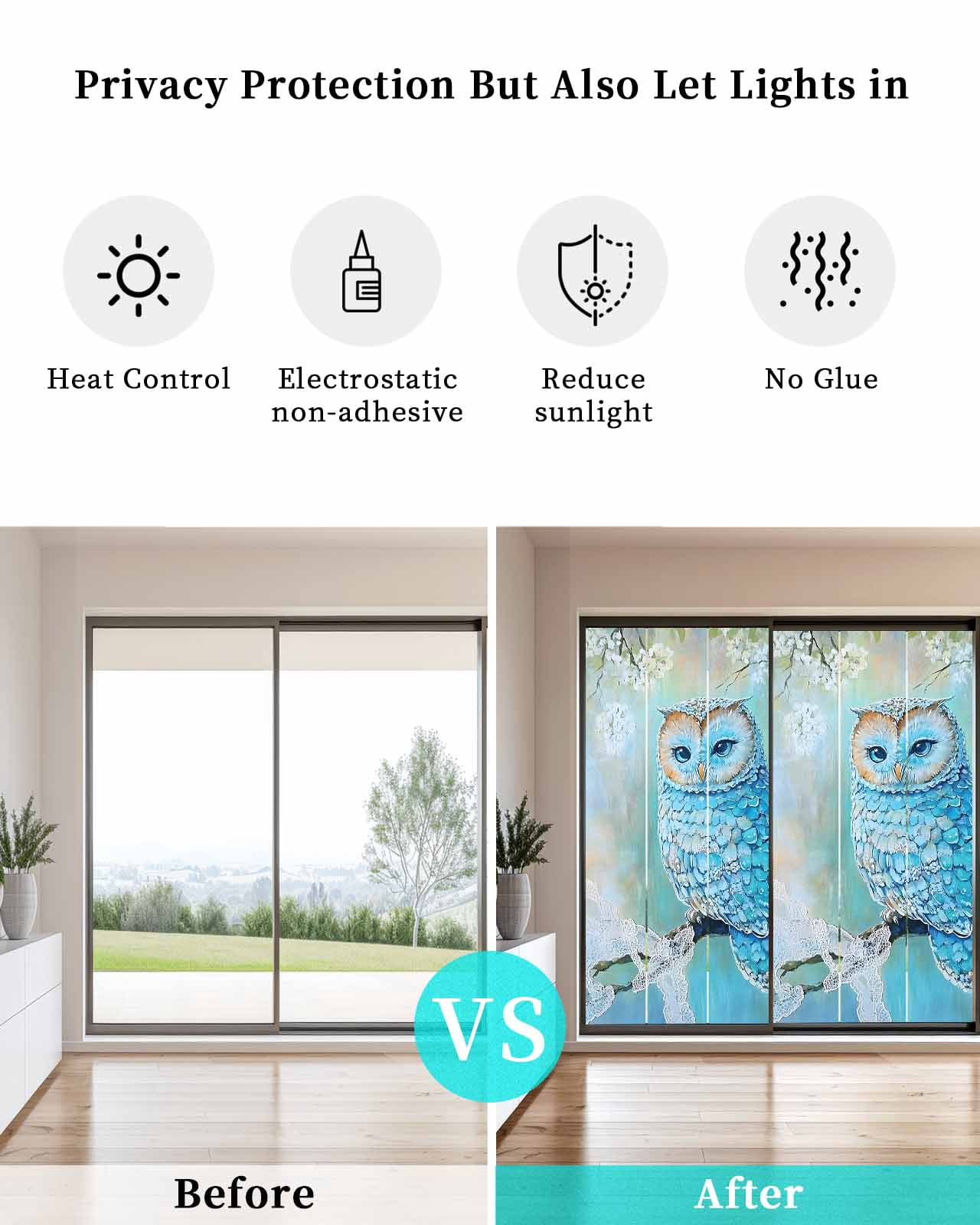 Window Privacy Film Blue Owl Stained Glass Window Film Decorative Sun Block Window Cover Watercolor Flower Bird on Branch Window Clings Static Adhesive Sticker for Bathroom 23.6"x59"