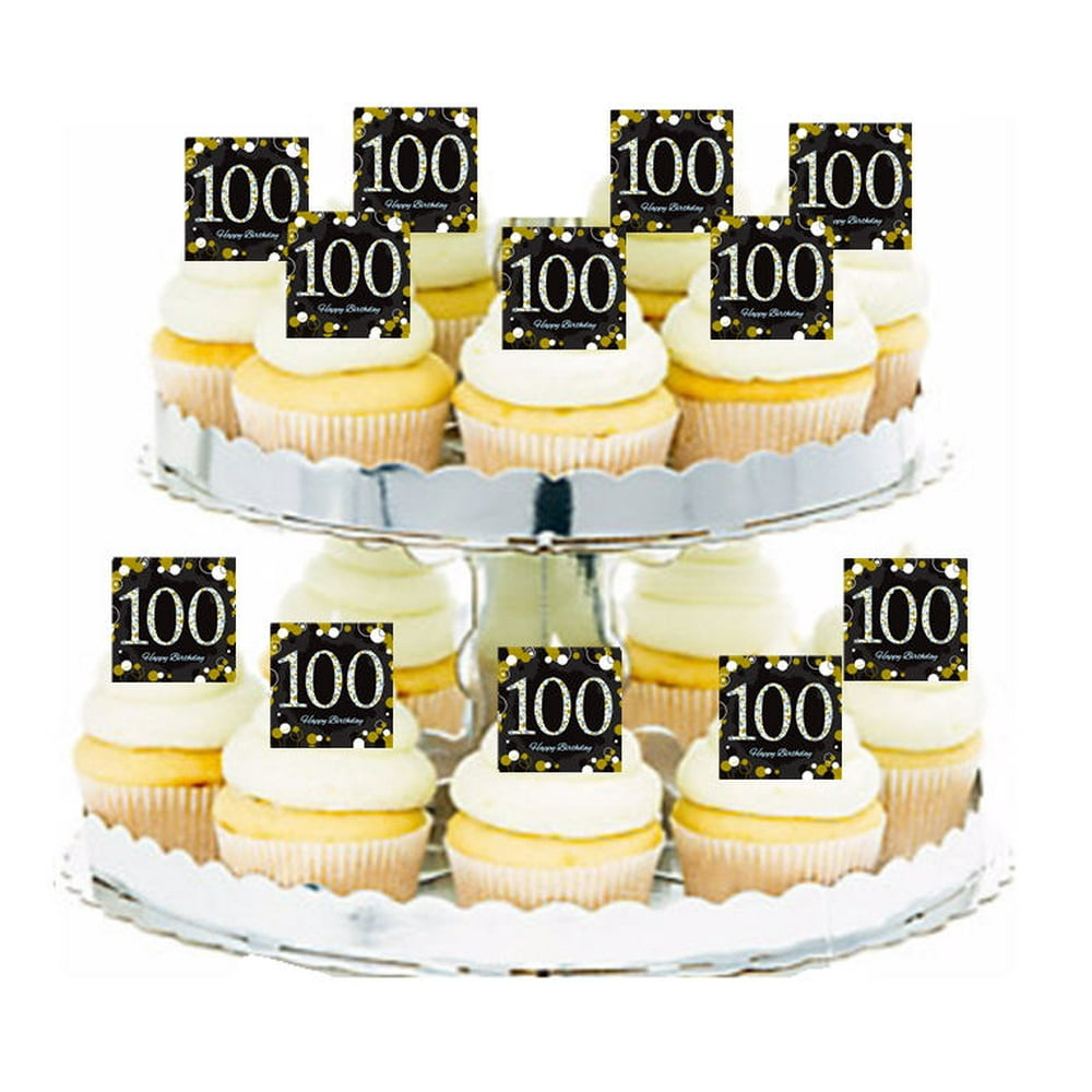 24pk Happy 100th Birthday Black & Gold Edible Cupcake Decoration