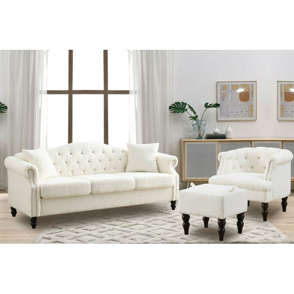 3 Pieces Living Room Furniture Sofa Sets, Modern Velvet Chesterfield Sofa, Chesterfield Club Chair, Chesterfield Loveseat Sofas Set with Nailhead Trim Scroll Arms for Living Room, White Teddy A