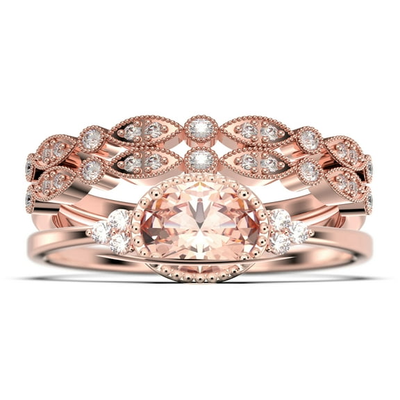 Gorgeous Art nouvea 2.40 Carat Oval Cut Morganite And Diamond Moissanite Affordable Engagement Ring, Dainty Morganite Wedding Ring, Two Matching Band in 925 Sterling Silver With 18k Rose Gold Plating