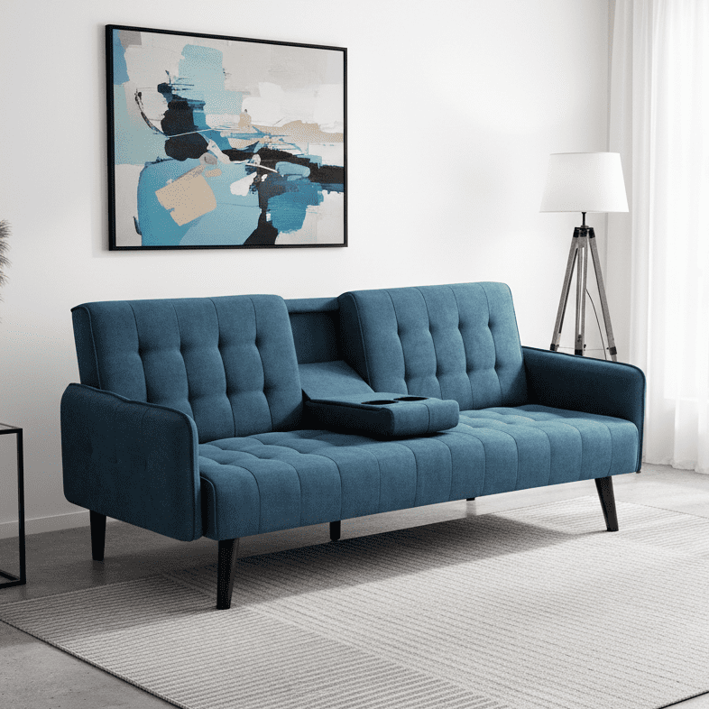 BSHTI 72" Linen Sleeper Sofa Bed with Folding Backrest,Adjustable Back, Drop-Down Table with Cup Holder for Living Room（Light Blue）