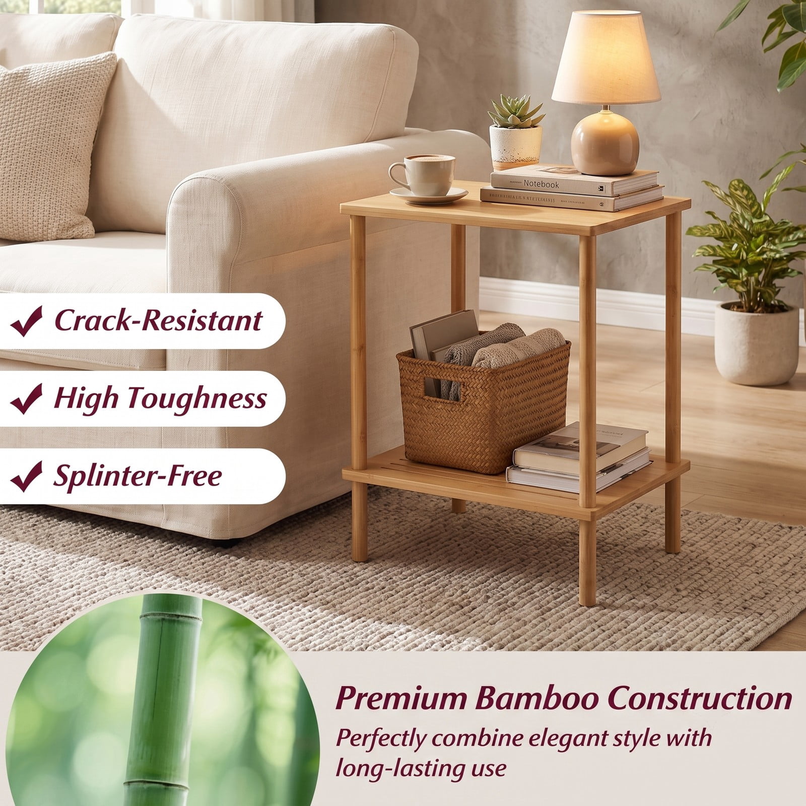 Furnibear Side Table Set of 2, 2-Tier Bamboo End Table with Storage Shelves, Rectangular Sofa Tea Table Nightstand for Living Room Bedroom, Natural