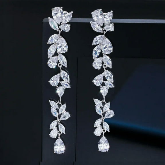 Luxury Silver Plated Leaf Flower Long Dangle Drop Earrings Women Bridal Wedding