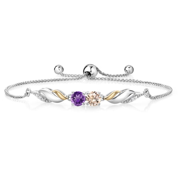 Gem Stone King 0.89 Ct Peach Morganite Purple Amethyst 925 Silver and 10K Yellow Gold Lab Grown Diamond Bracelet for Women