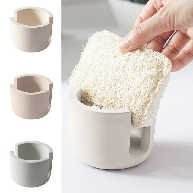 Soporte cerámico para esponjas y jabones - Escurridor de encimera para organizar el fregadero de la cocina, beige/marrón/gris, 8,5x8,5x6,5cm