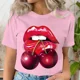 thumbnail image 3 of Ropa de verano, camisetas con estampado de labios y cereza, camisetas informales de manga corta para mujer, camisetas gráficas a la moda, camisetas para mujer, ropa, 3 of 4