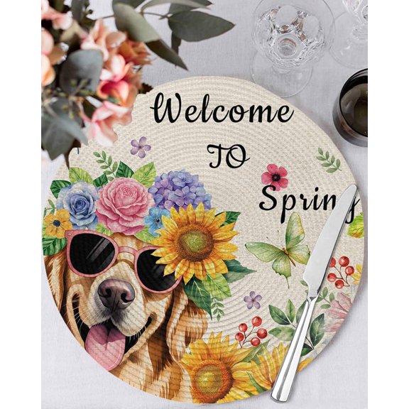 15 Inch Round Placemats Set of 6, Spring Dog Non Slip Heat Insulation PP Table Mats, Rustic Watercolor Botanical Floral Sunflower Washable Place Mats for Kitchen Dining Party Table Decor