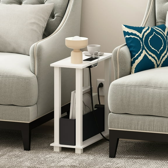 Furinno Turn-S-Tube 2-Tier Slim Side Table, End Table with Bin Drawer, USB and Type-C Charging Port, White/White/Black